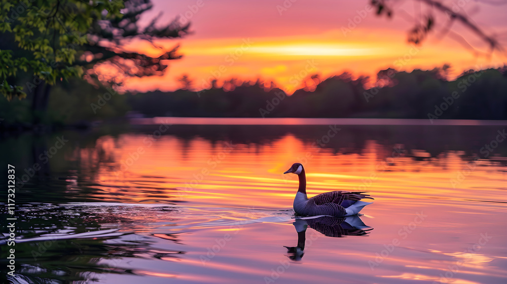 Serene Sunset Glide: Majestic Goose Gliding Across a Tranquil Lake during a Beautiful Sunset Serene Sunset Glide: Majestic Goose Gliding Across a Tranquil Lake during a Beautiful Sunset