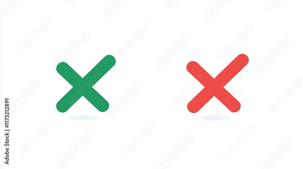 Obraz premium A sharp green checkmark and red cross vector symbolizing right and wrong choices on a white background.