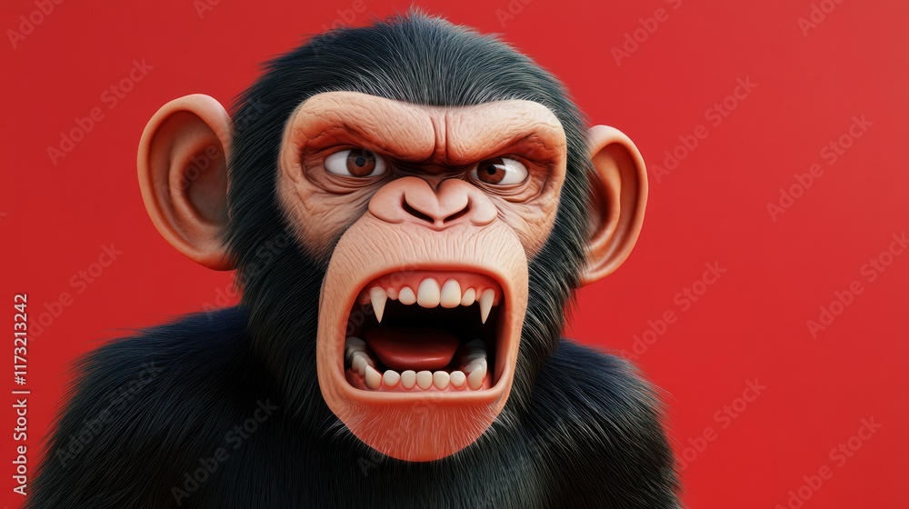 Angry Chimpanzee Close-up: 3D Render of a Furious Primate against a Red Background Angry Chimpanzee Close-up: 3D Render of a Furious Primate against a Red Background