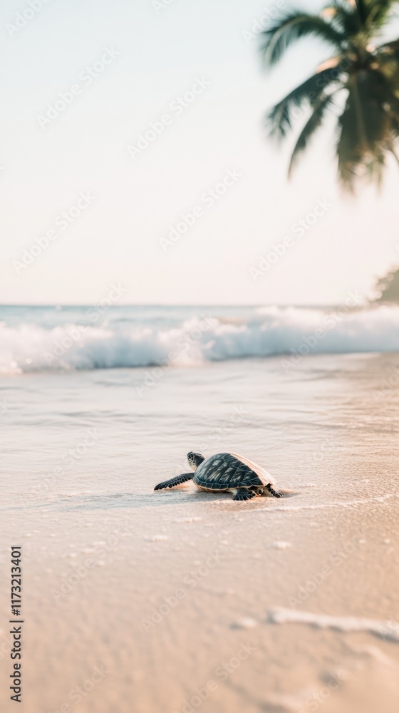 Baby sea turtle crawling towards ocean on sandy beach with palm tree and waves in background during sunrise, representing wildlife conservation, new life, and the beauty of nature Baby sea turtle crawling towards ocean on sandy beach with palm tree and waves in background during sunrise, representing wildlife conservation, new life, and the beauty of nature