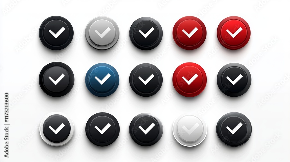 Set of check mark icon buttons. Checkbox vector icons featuring right, yes, and tick symbols on a white background. Set of check mark icon buttons. Checkbox vector icons featuring right, yes, and tick symbols on a white background.