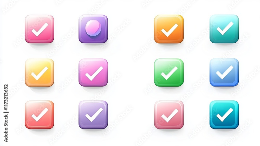Set of check mark icon buttons. Checkbox vector icons featuring right, yes, and tick symbols on a white background. Set of check mark icon buttons. Checkbox vector icons featuring right, yes, and tick symbols on a white background.