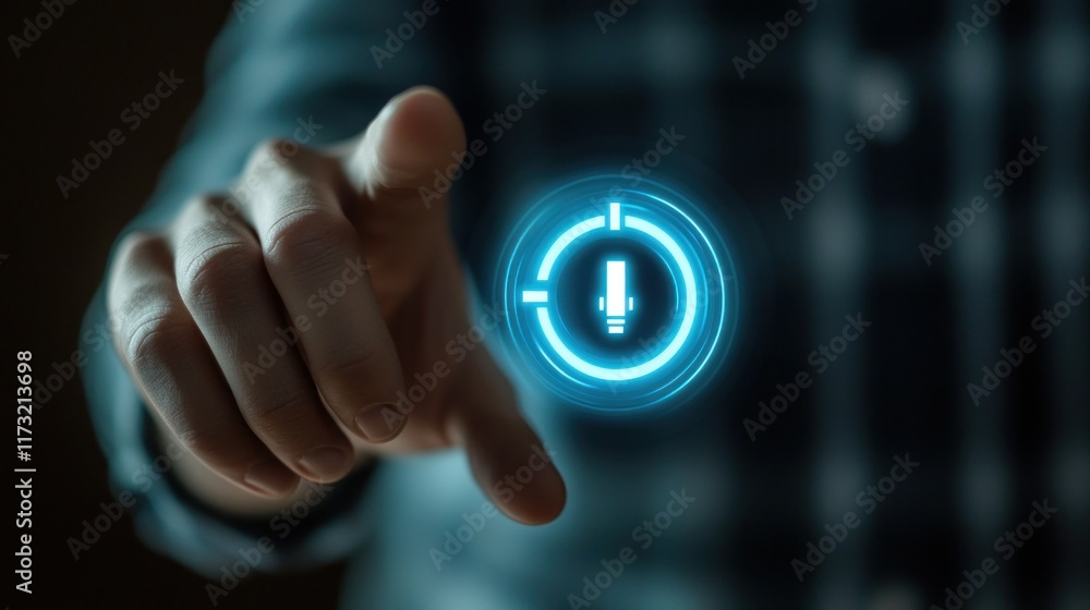 Hand Touching a Blue Power Button Hand Touching a Blue Power Button