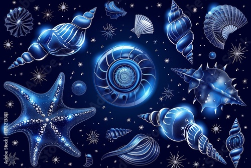 Blue shell and starfish collection set against a dark starry background highlighting marine life