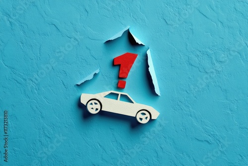 Logo of an oversteering car on its side with an exclamation mark above, on a blue background photo