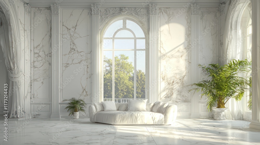 Fototapeta premium Serene White Marble Palace Interior with Sunlit Sofa