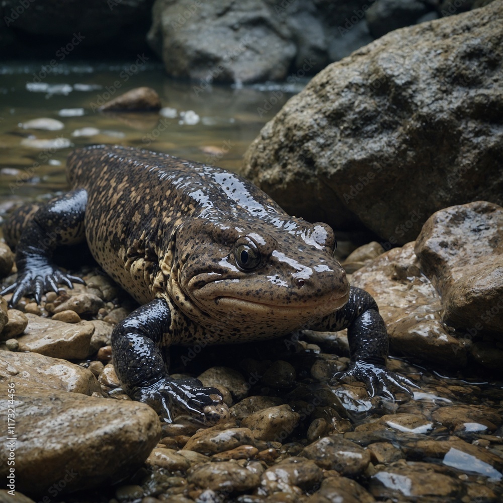 A Chinese giant salamander hiding in a rocky riverbed. A Chinese giant salamander hiding in a rocky riverbed.