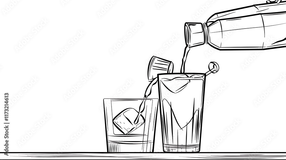Obraz premium Outline of a cocktail shaker with a drink being poured on a white background
