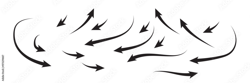 Hand drawn arrows collection Set simple flat arrows isolated on white background. Arrow mark icons and arrow paint. Stock vector. Hand drawn arrows collection Set simple flat arrows isolated on white background. Arrow mark icons and arrow paint. Stock vector.