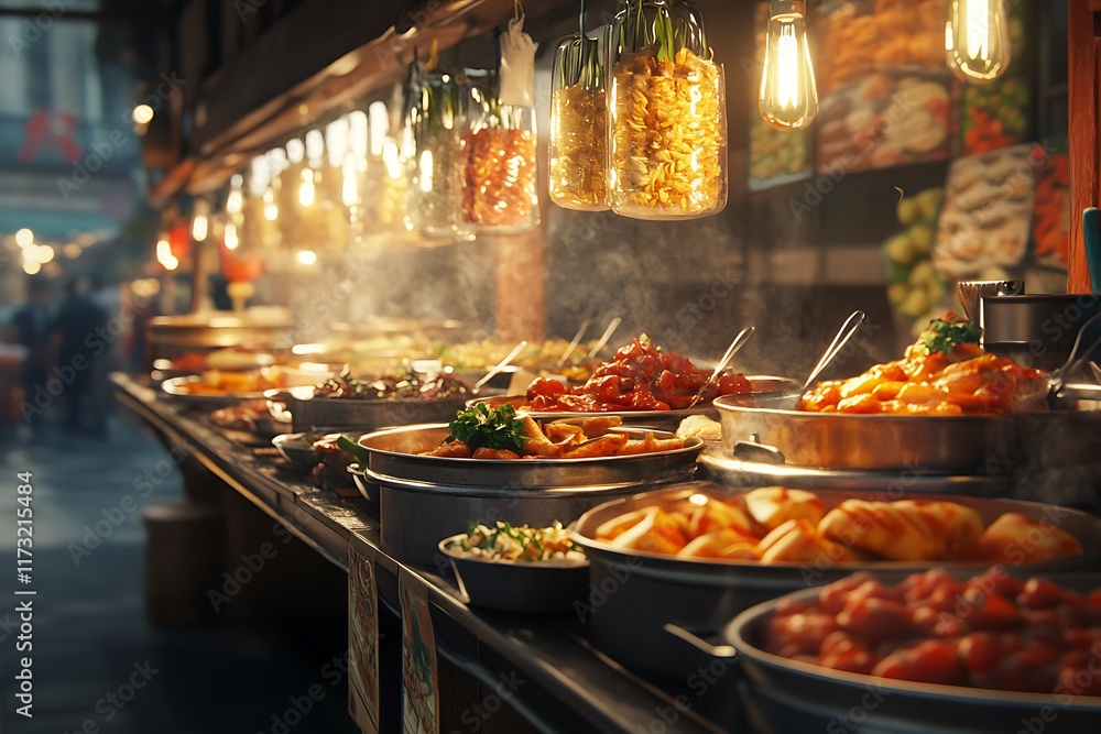 Fototapeta premium A vibrant food market displaying a variety of dishes in warm lighting.