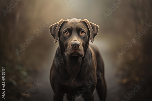 chocolate labrador retriever dog portrait on blurred background