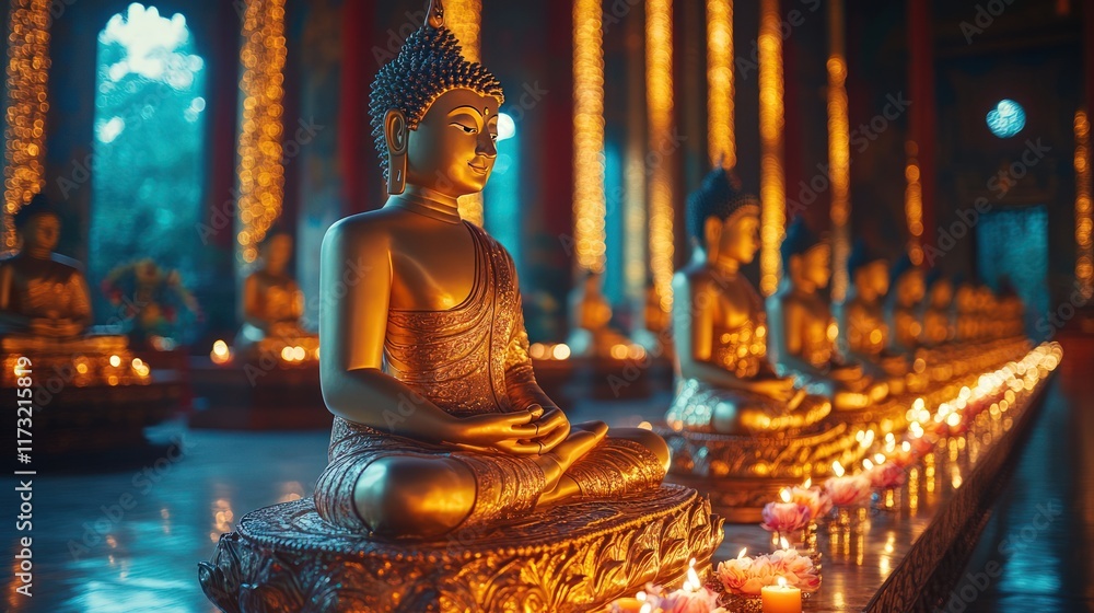 Golden Buddha statues in a temple surrounded by lit candles. Golden Buddha statues in a temple surrounded by lit candles.