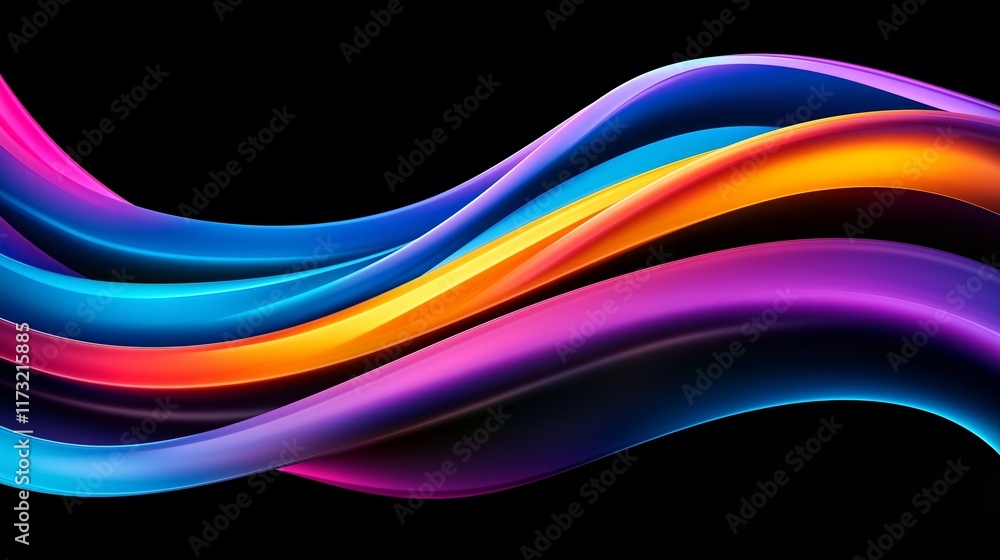 Colorful abstract background with vibrant waves and lines on a black background, a wavy-shaped design element for a modern poster or banner. Colorful abstract background with vibrant waves and lines on a black background, a wavy-shaped design element for a modern poster or banner.