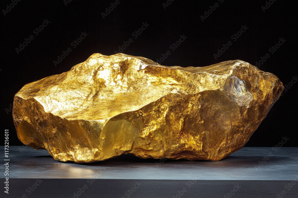 large, shiny gold nugget resting on a surface with a black background, highlighting its texture, value, and brilliance. The nugget is a symbol of wealth, mining, and natural treasure large, shiny gold nugget resting on a surface with a black background, highlighting its texture, value, and brilliance. The nugget is a symbol of wealth, mining, and natural treasure
