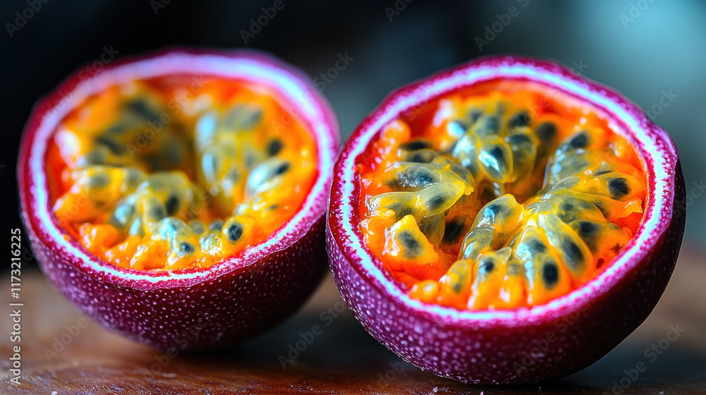 Halved passion fruit on wood, dark background, close-up, food use Halved passion fruit on wood, dark background, close-up, food use