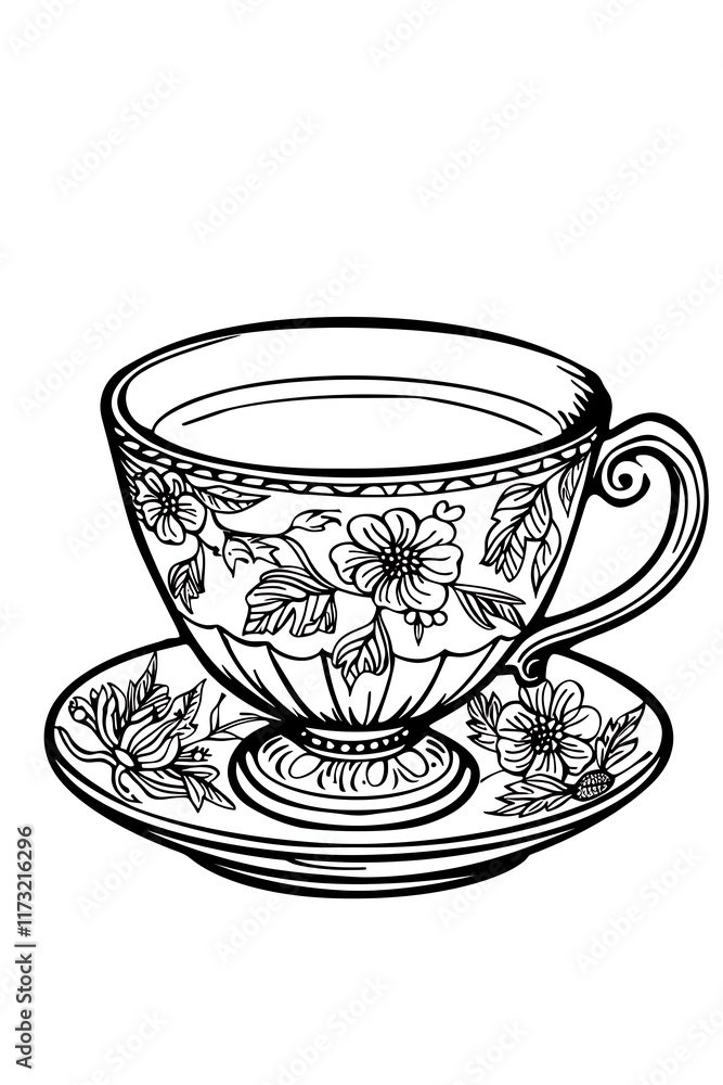 Outline of a tea cup with floral patterns on a white background Outline of a tea cup with floral patterns on a white background