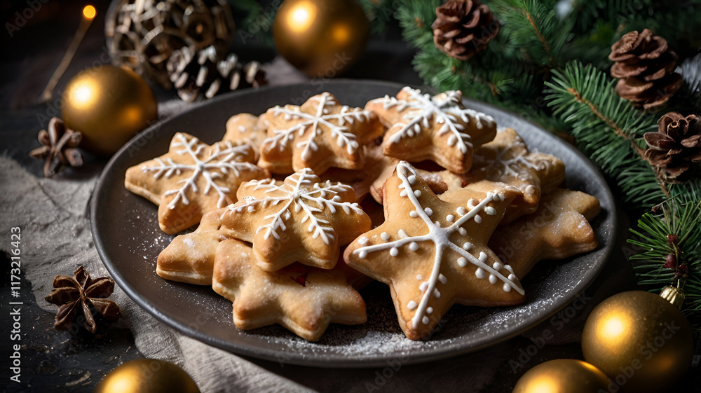 Festive Christmas cookies beautifully arranged on a decorative surface, radiating holiday cheer and sweetness Festive Christmas cookies beautifully arranged on a decorative surface, radiating holiday cheer and sweetness