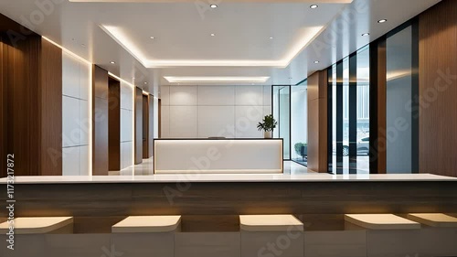 Modern Reception Area with Minimalist Design, Wooden Accents, and Bright Lighting in a Contemporary Office

 photo