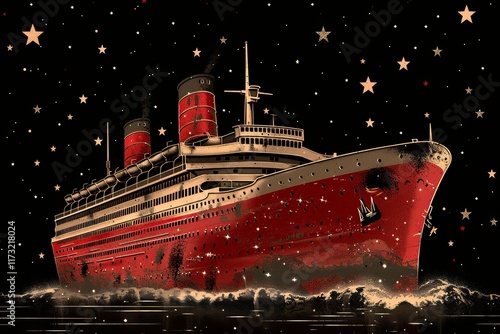 Majestic ocean liner sails through starry night under celestial sky