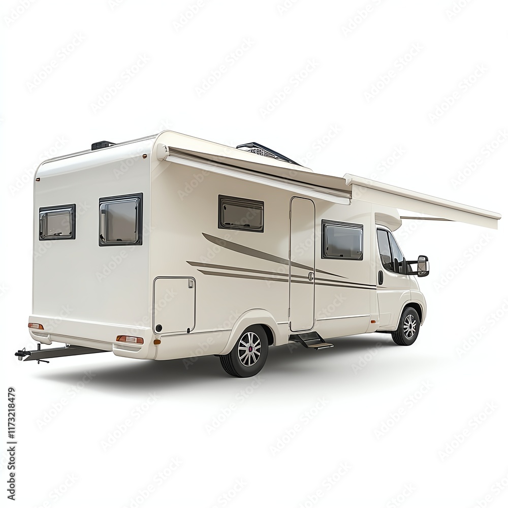 White camper van with awning, isolated on white background. White camper van with awning, isolated on white background.