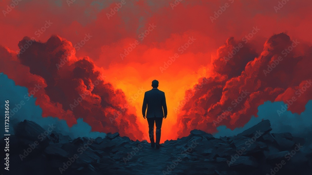 Fototapeta premium Businessmen and entrepreneurs who have gone through many failures and risen up to achieve success and goals. A confident professional emerging from rubble, staring at a glowing path forward.