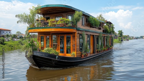 Luxurious houseboat on river, plants, balcony. photo