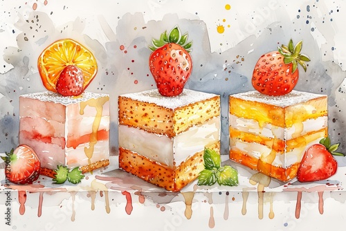 Colorful dessert display featuring fruit-topped cakes at a sunny outdoor gathering