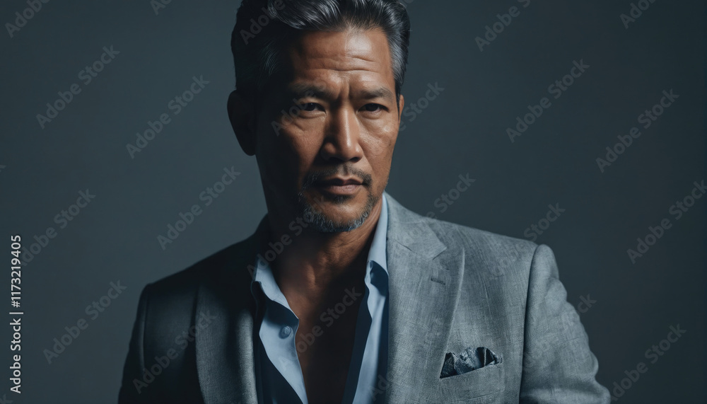 Handsome man in a gray suit poses confidently against a dark backdrop Handsome man in a gray suit poses confidently against a dark backdrop