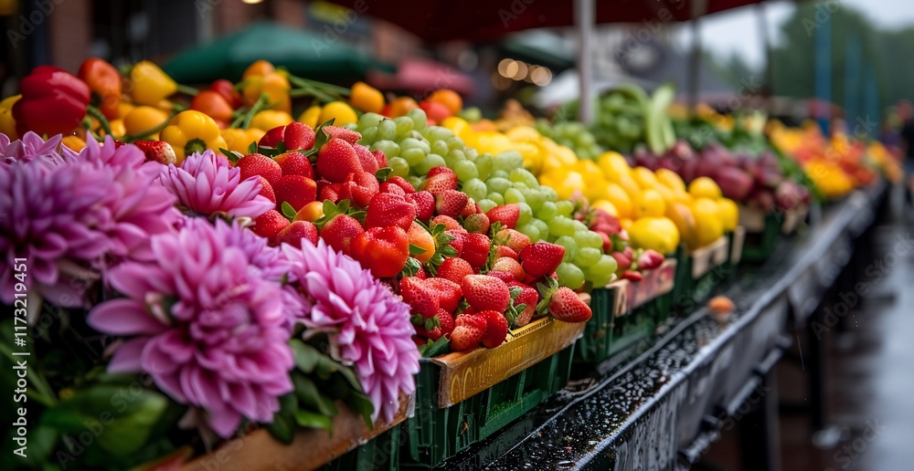 Colorful fruits, vegetables, and flowers on display at a market stall. Colorful fruits, vegetables, and flowers on display at a market stall.