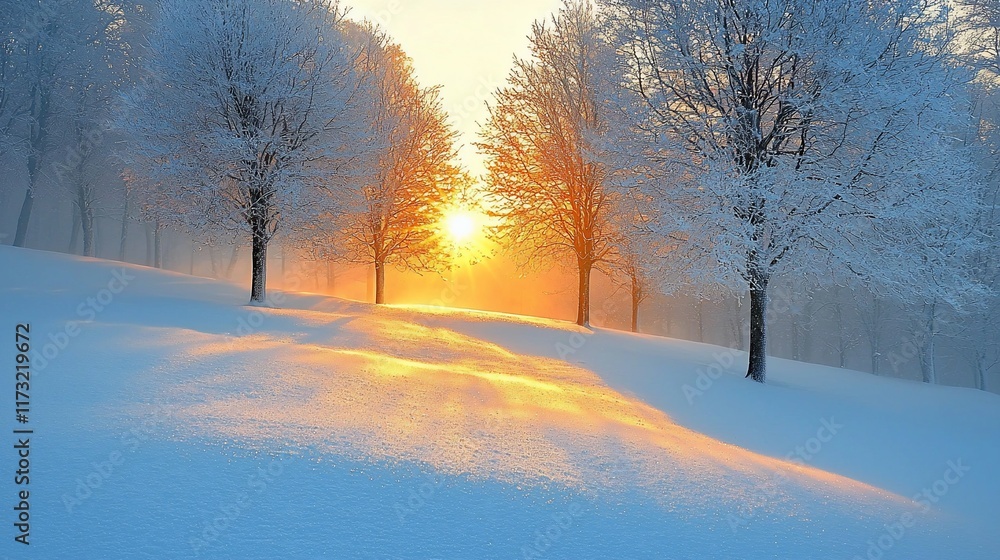 Sunlit snowy path through winter trees at sunrise. Sunlit snowy path through winter trees at sunrise.
