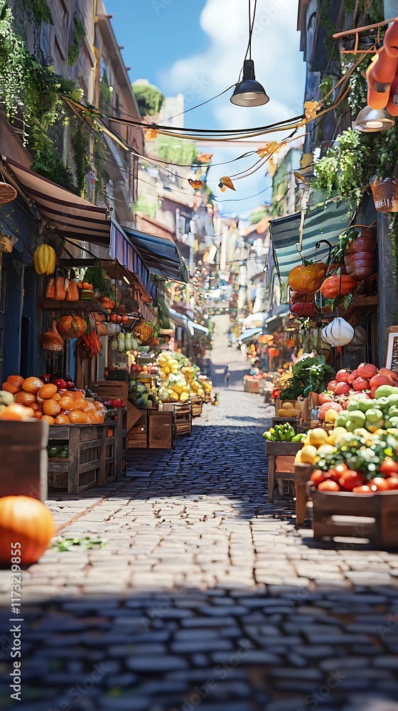 Obraz premium A vibrant marketplace with colorful fruits and vegetables lining cobblestone streets.