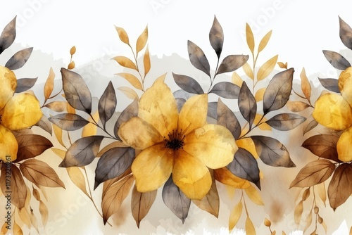 Bright yellow watercolor flowers with gray leaves create a stunning floral pattern design for home decor