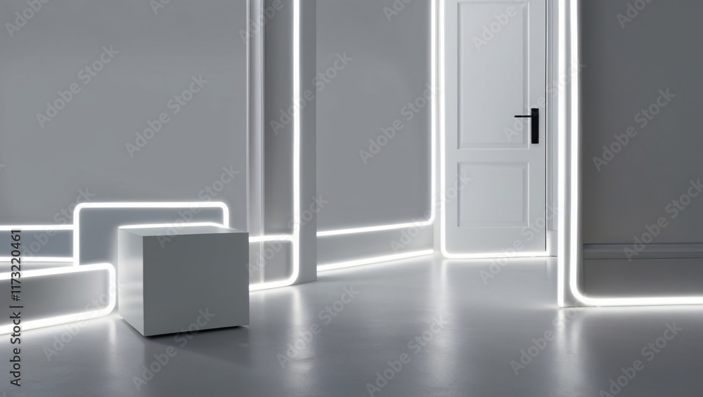 minimalist, modern interior space with a white door, white cube, and continuous white LED light strips outlining the edges of the walls, door frame, and cube minimalist, modern interior space with a white door, white cube, and continuous white LED light strips outlining the edges of the walls, door frame, and cube
