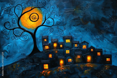 Bright windows glow in nighttime village under swirling moonlight shining through dark skies