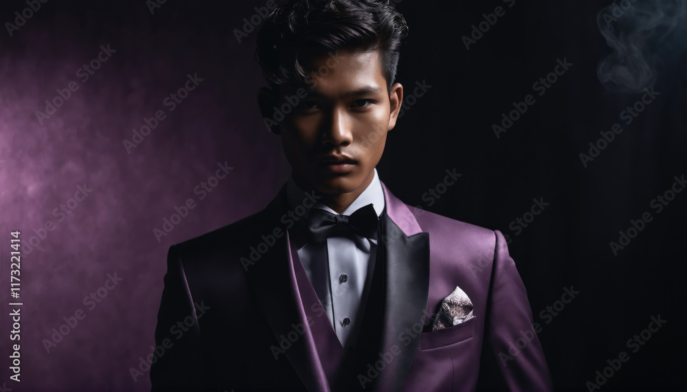 Fototapeta premium Stylish young man in a formal suit poses dramatically in low light for a professional fashion shoot