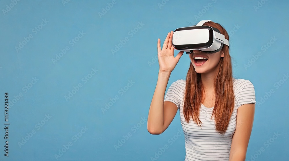 Young woman working in virtual reality, pressing virtual interface on blue background Young woman working in virtual reality, pressing virtual interface on blue background