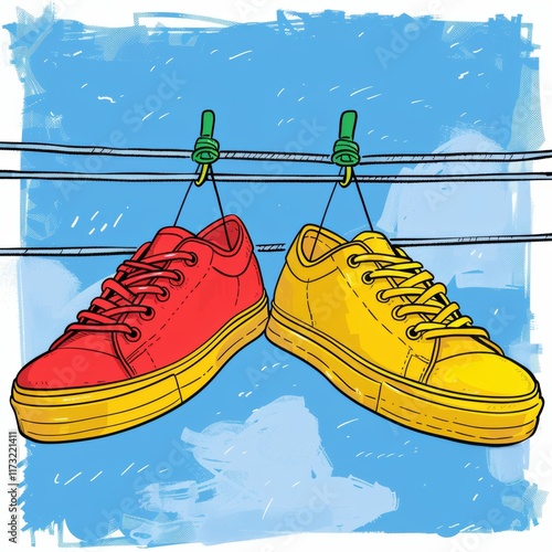 Colorful sneakers hanging on a clothesline against a bright blue background on a sunny day
