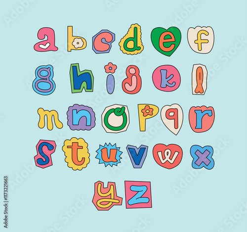 Cute collage style alphabet lowercase letters. colorful hand drawings