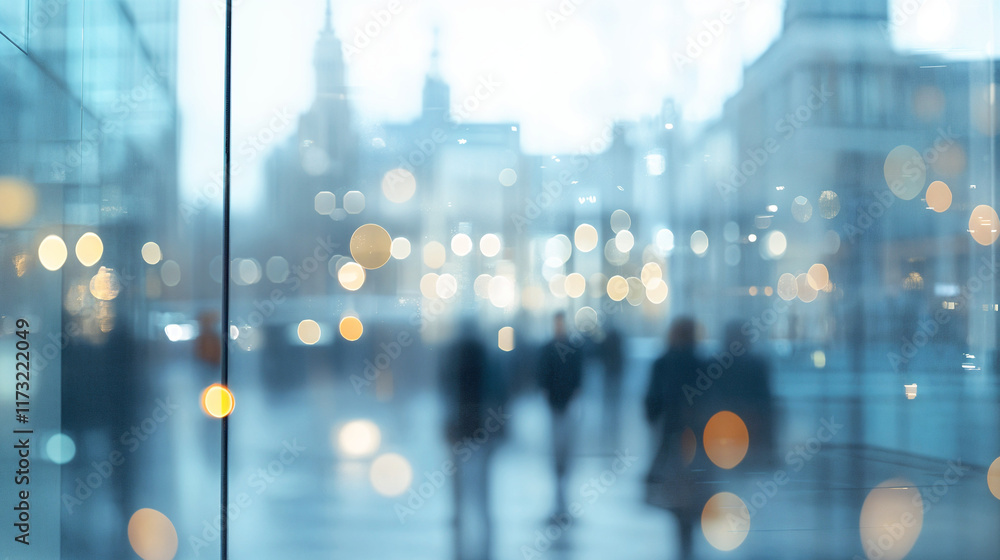 Fototapeta premium Abstract bokeh lights and glass reflections in a modern city, great for green screen projects, People in background