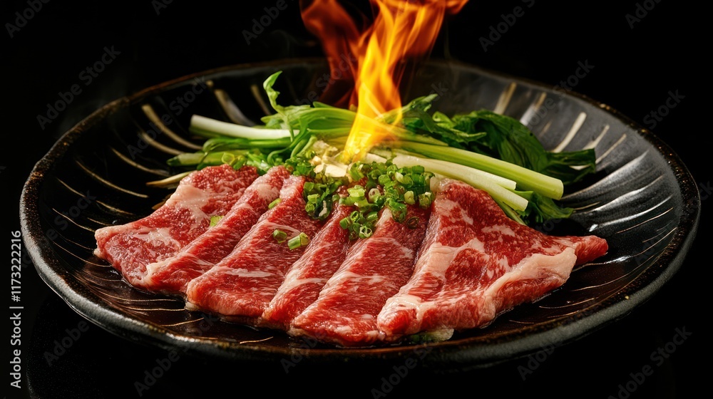 Flaming Beef Slices, Asian Cuisine, Restaurant, Dark Background Flaming Beef Slices, Asian Cuisine, Restaurant, Dark Background