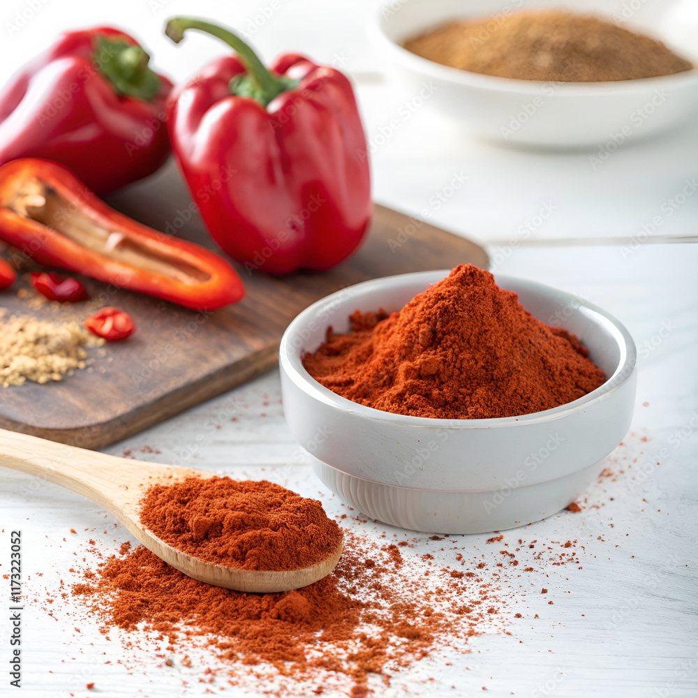 red spices with red chili powder and red capsicum in back ground red spices with red chili powder and red capsicum in back ground