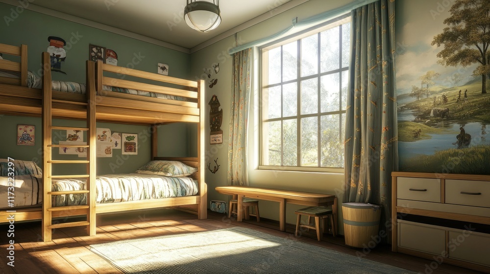 Cozy Kids Bedroom with Bunk Beds and Sunlit Window Showcasing a Nature Theme Cozy Kids Bedroom with Bunk Beds and Sunlit Window Showcasing a Nature Theme