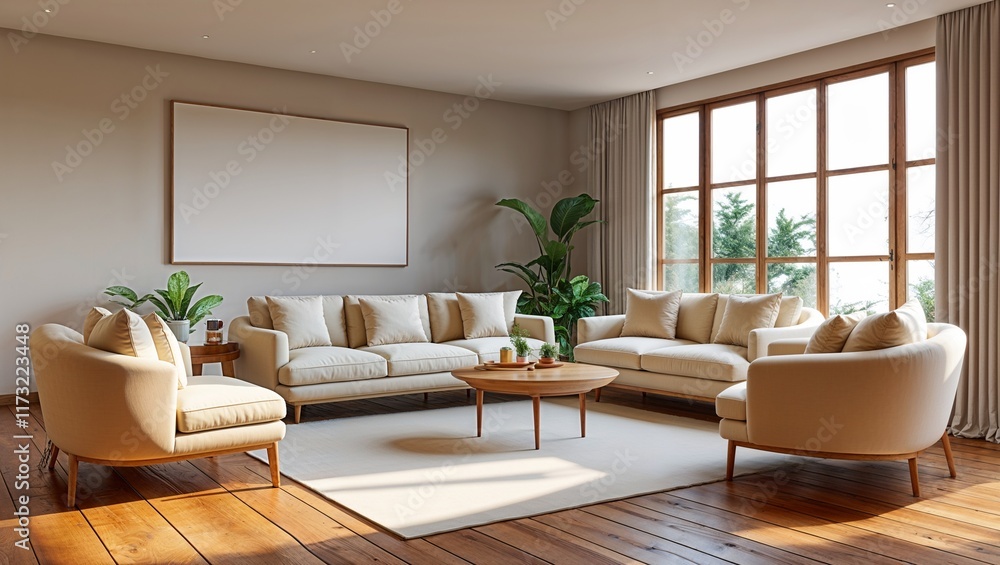 Fototapeta premium A Warm and Inviting Living Room Interior with Plush Furniture, Soft Lighting, Cozy Textiles, and Earthy Tones, Creating a Comfortable and Homely Atmosphere