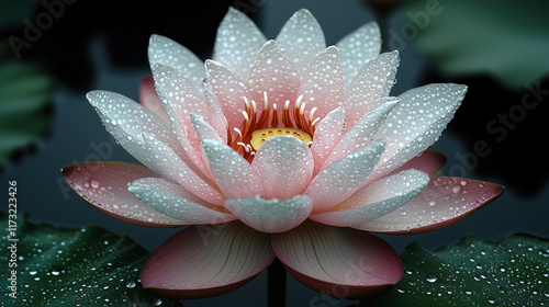 Dewy pink water lily blooming in pond, dark water, lily pads background, peaceful nature image