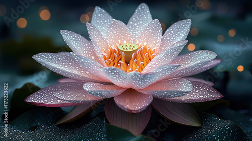 Dewy pink lotus blossom at night in pond with glowing background