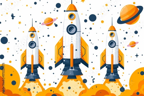 Three rockets launch into space against a backdrop of planets and stars in a colorful cosmic setting