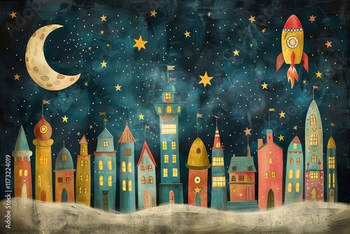 Colorful night sky over whimsical city with rocket and moon shining brightly