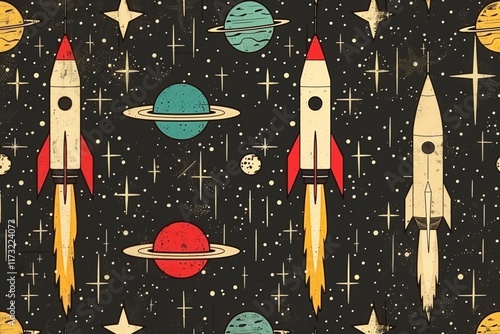 Colorful retro rockets launch into a starry space background with planets and galaxies