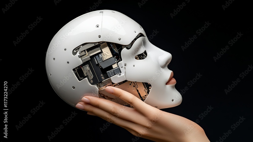 Revealing the Mechanism: A hand gently cradles a partially disassembled robotic head, its internal circuitry subtly exposed against a stark black background. Revealing the Mechanism: A hand gently cradles a partially disassembled robotic head, its internal circuitry subtly exposed against a stark black background.