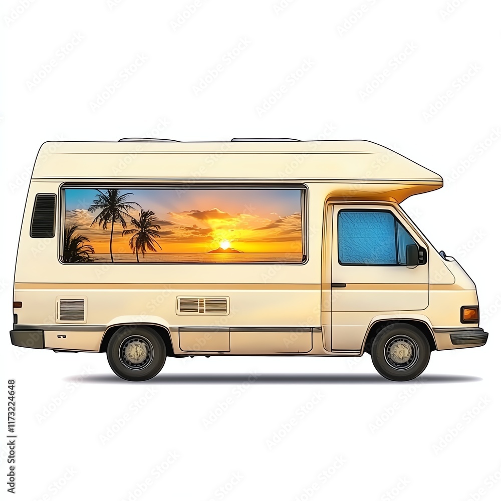 Camper van with sunset view and palm trees, white isolated background. Camper van with sunset view and palm trees, white isolated background.